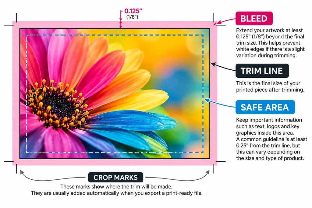 Diagram showing print bleed, trim line, safe area and crop marks around a printed image