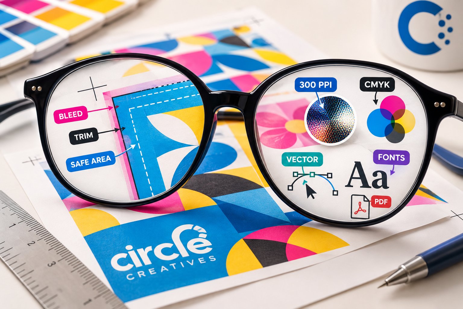 Eyeglasses revealing print specifications including bleed, trim, safe area, resolution, CMYK, vector artwork and fonts