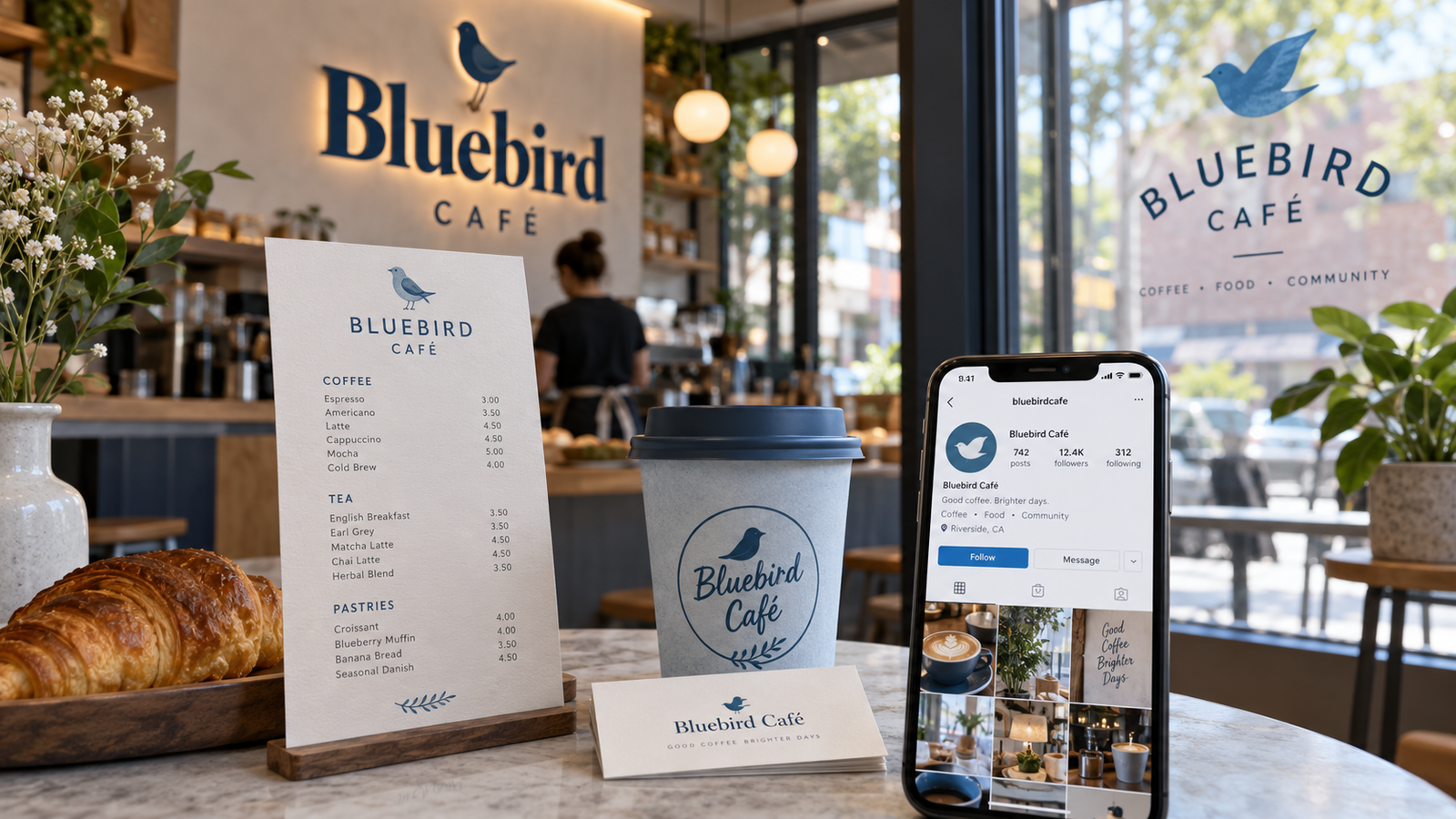 Bluebird Café branding shown across a wall sign, menu, takeaway cup, business card, window graphic, and social media profile with noticeable visual differences.